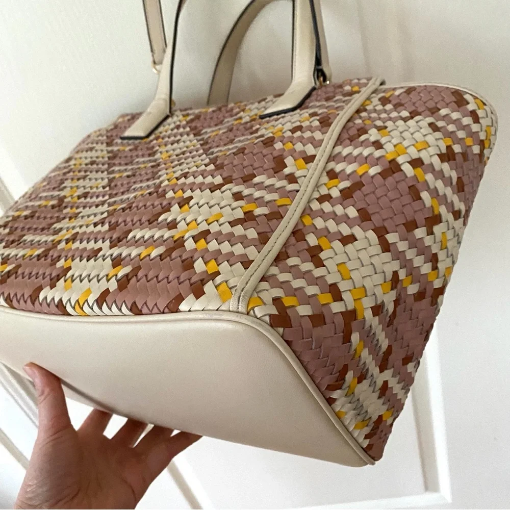 $595 Tory Burch Thea Woven Cream Pink Leather Tassels Crossbody Satchel Bag